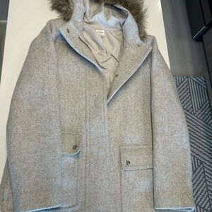 J. Crew Gray Hooded Coat with Faux Fur Trim